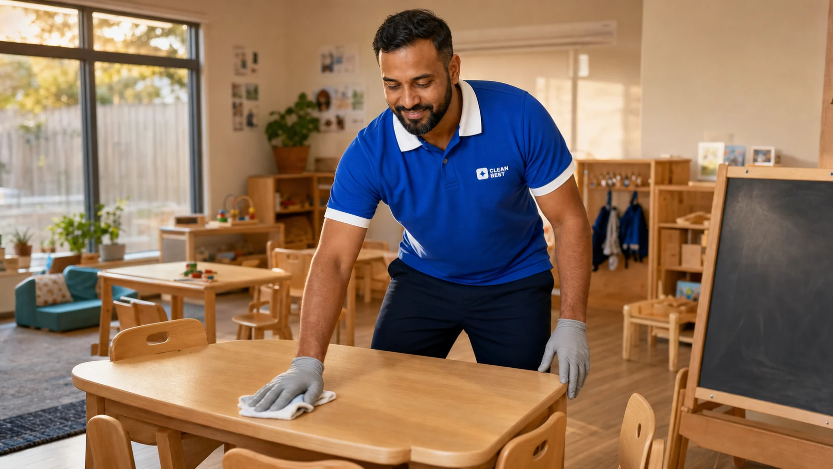 Clean Best cleaner sanitising an early learning centre play space in Sydney NSW