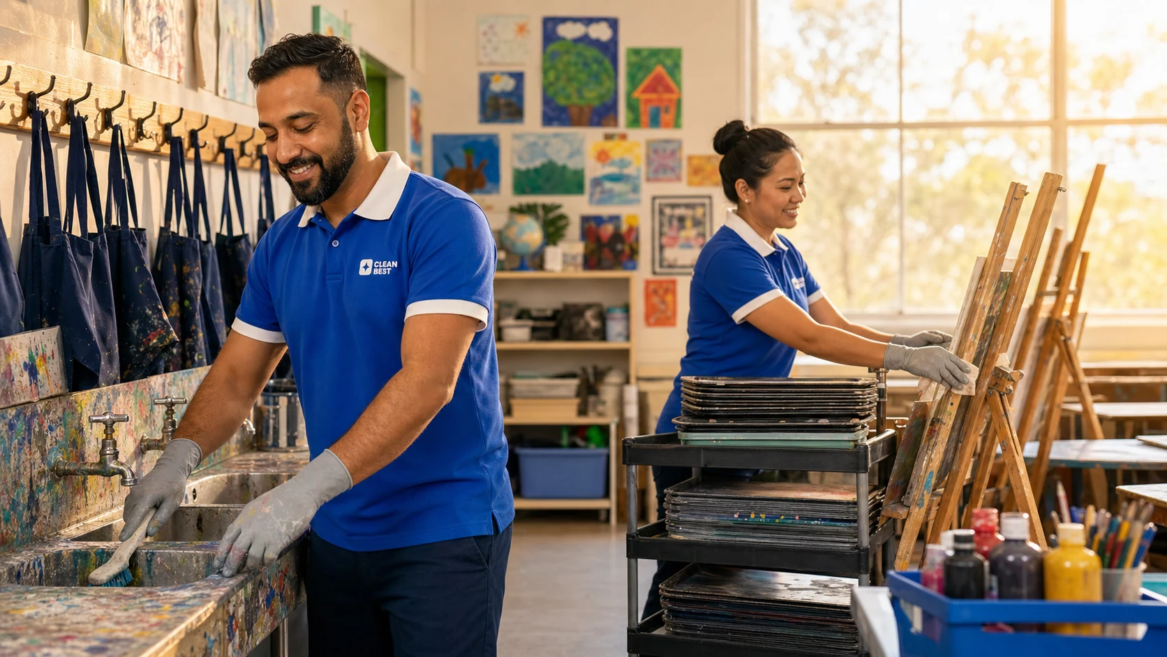 Clean Best cleaner resetting a classroom after hours at a school in Sydney NSW