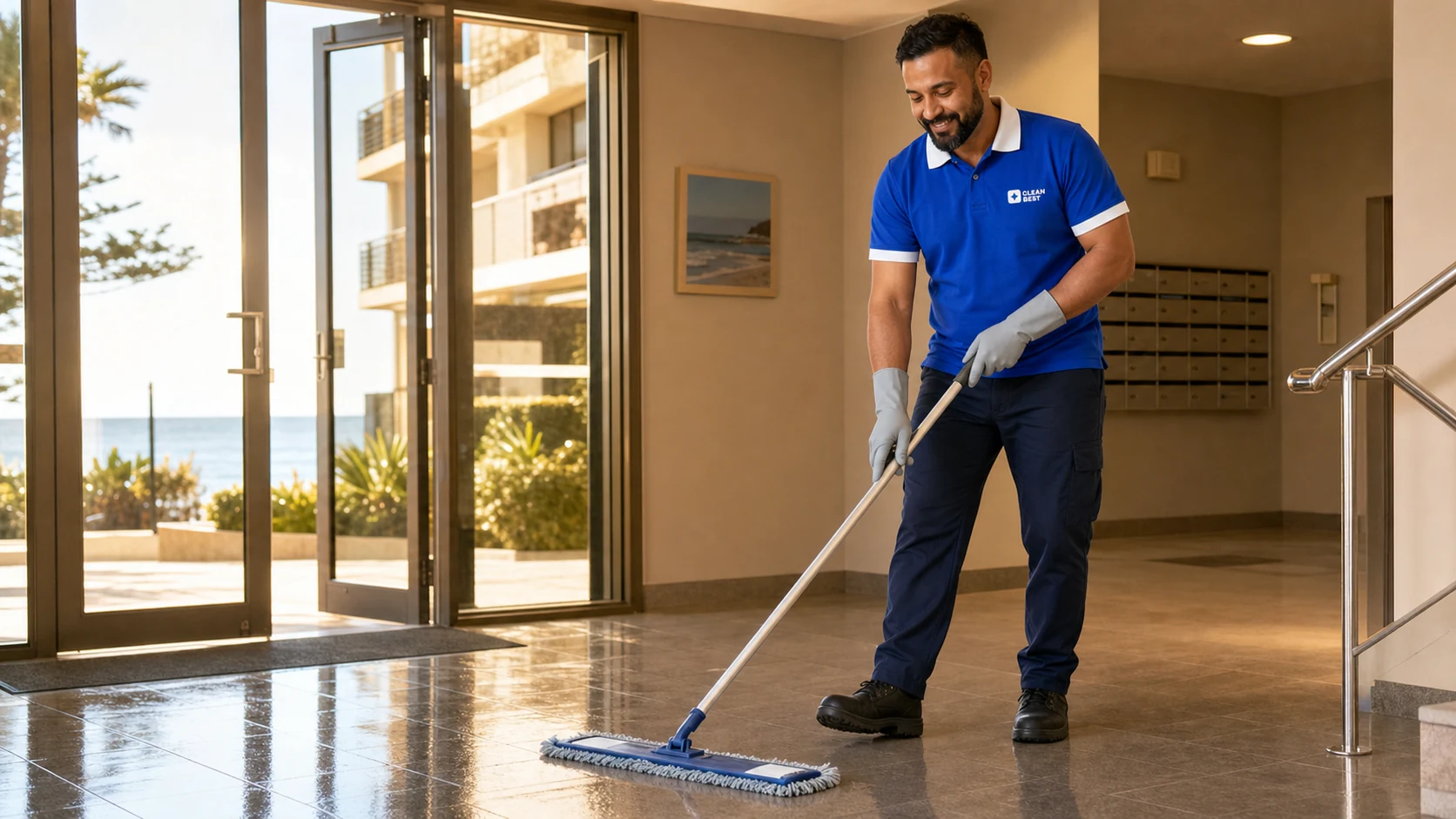 Clean Best cleaner maintaining the common lobby of a residential strata building in Sydney NSW