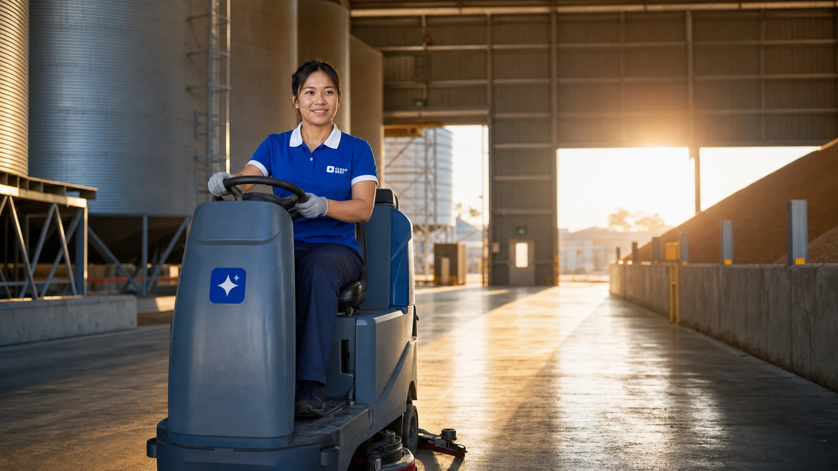 Clean Best operator scrubbing the floor of a distribution warehouse in Sydney NSW